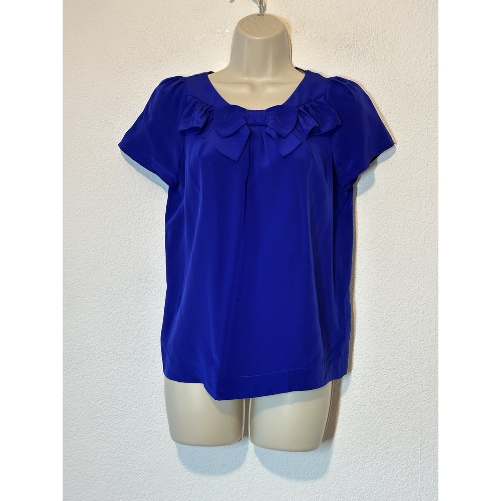 J. Crew Sz 4 Silk Blue Blouse Ruffle Bow Detail Career Feminine Coquette Career‎
